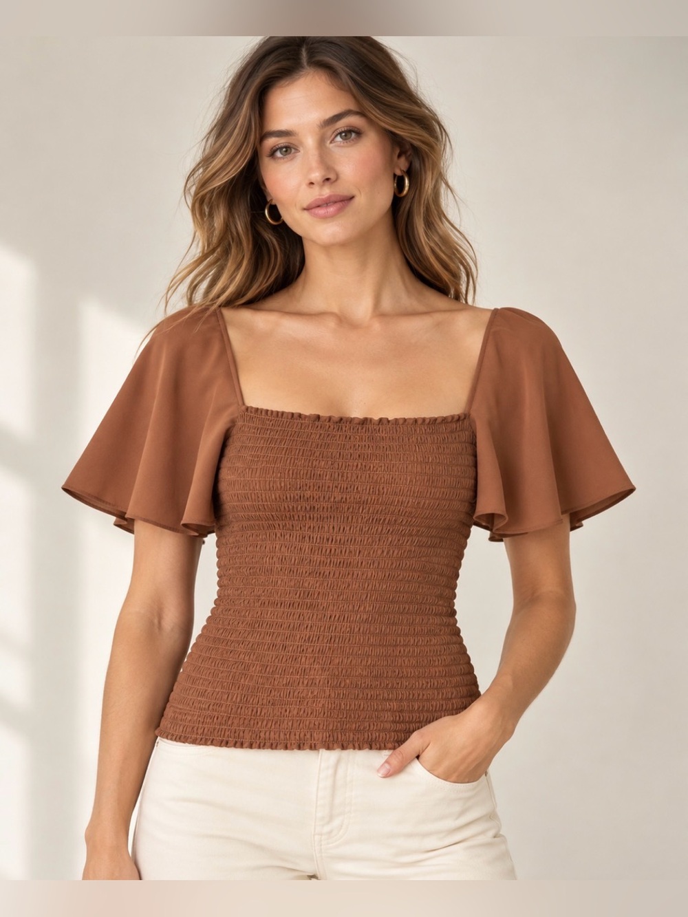 Theory Cognac Brown Smocked Flutter Sleeve Square Neck Top Size P